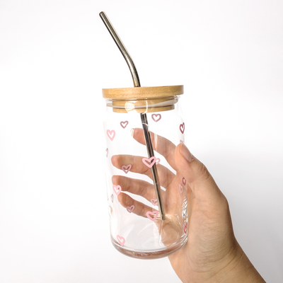 Glass Can Cup with Small Open Hearts