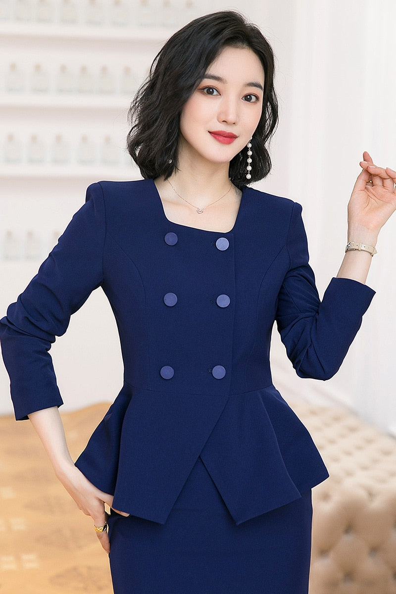 Long-sleeved Knee Length Midi Skirt Suit Jacket Office Lady Suit Set A –  Godlockis