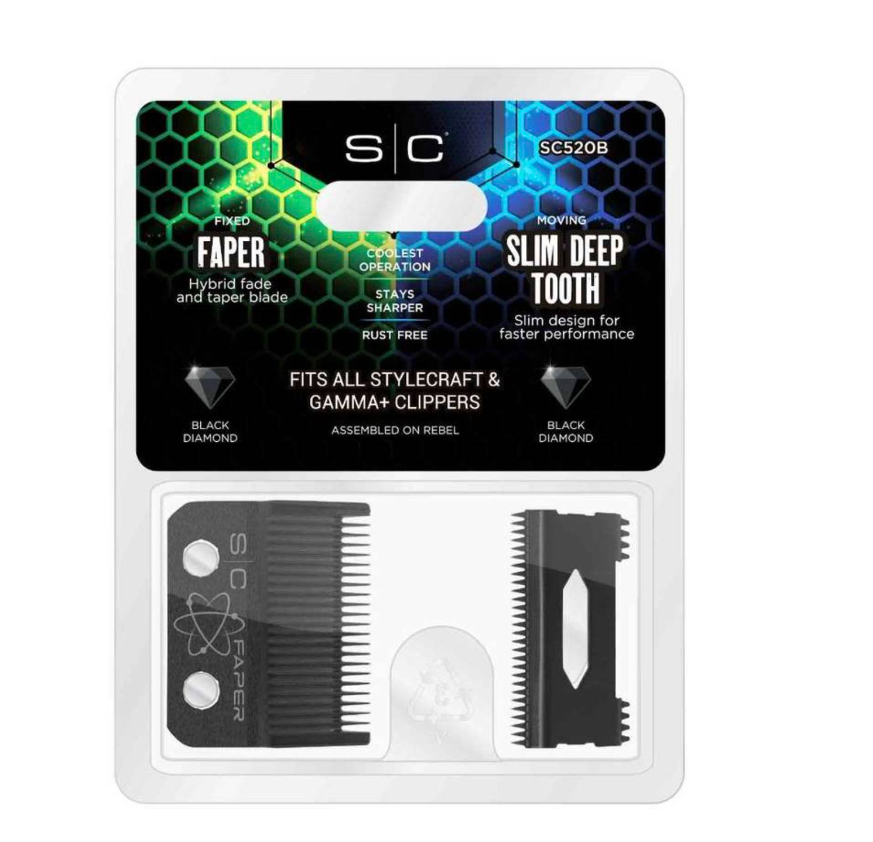 StyleCraft S|C Replacement Double Black Diamond Carbon DLC Fixed Fade Blade with Shallow Tooth Cutter 2.0 Clipper Blade Set #SC534B