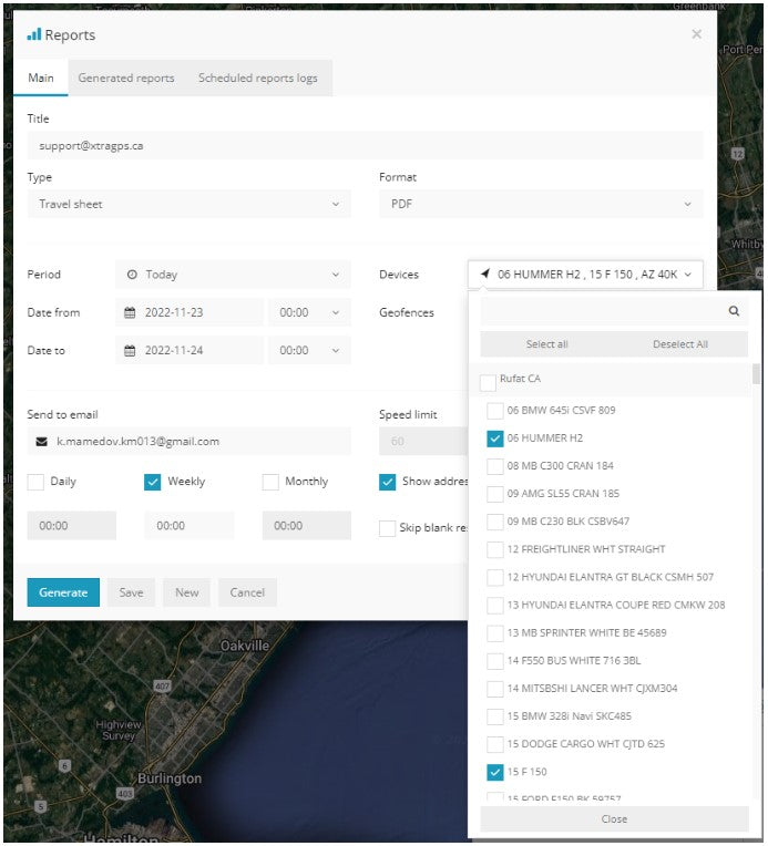 Paramètres de rapport personnalisé XTRA GPS