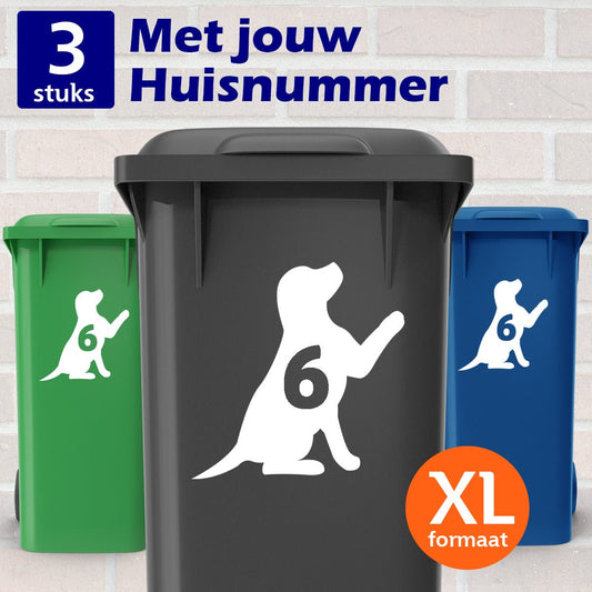 kassa Toepassen rechtbank Container Stickers XL- 3 stuks - Hond- Kliko sticker huisnummer - Wit –  Koning Spandoek