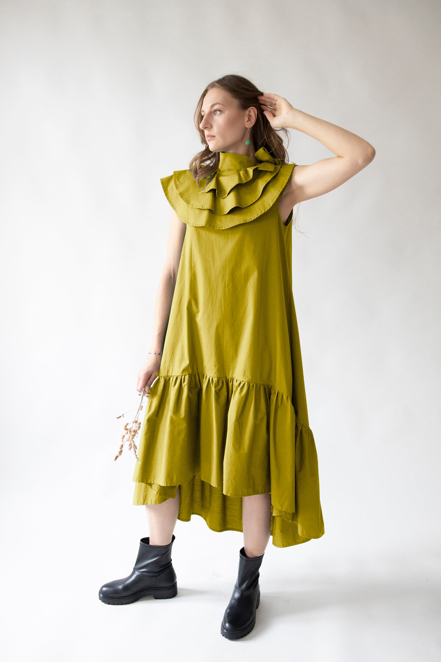 新品 ASYMMETRY FRILL&PLEATS DRESS ワンピース ロングワンピース