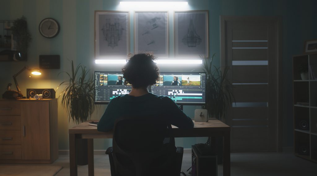 A video editor immersed in his desktop creating video content.