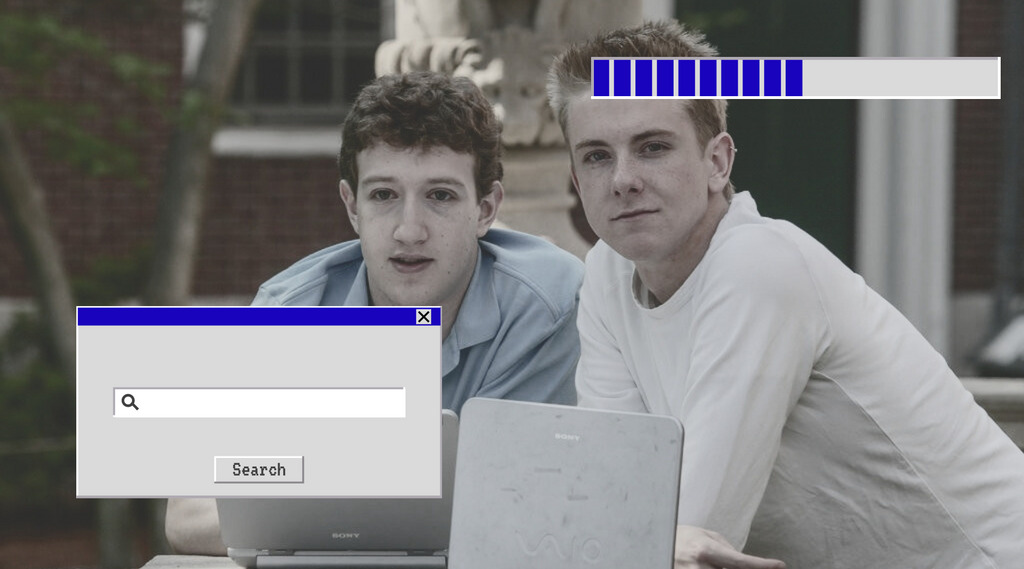 Mark Zuckerberg and Edwardo Saverin, founders of Facebook working on their laptops.