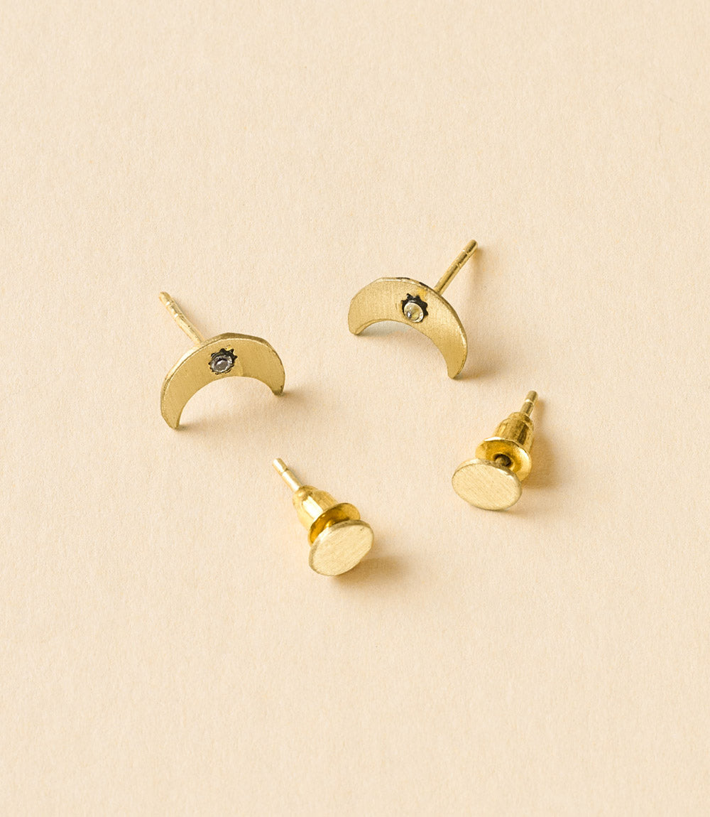 Ruchi Crescent Moon Tiny Dot Gold Stud Earrings Set of 2 by Matr Boomie