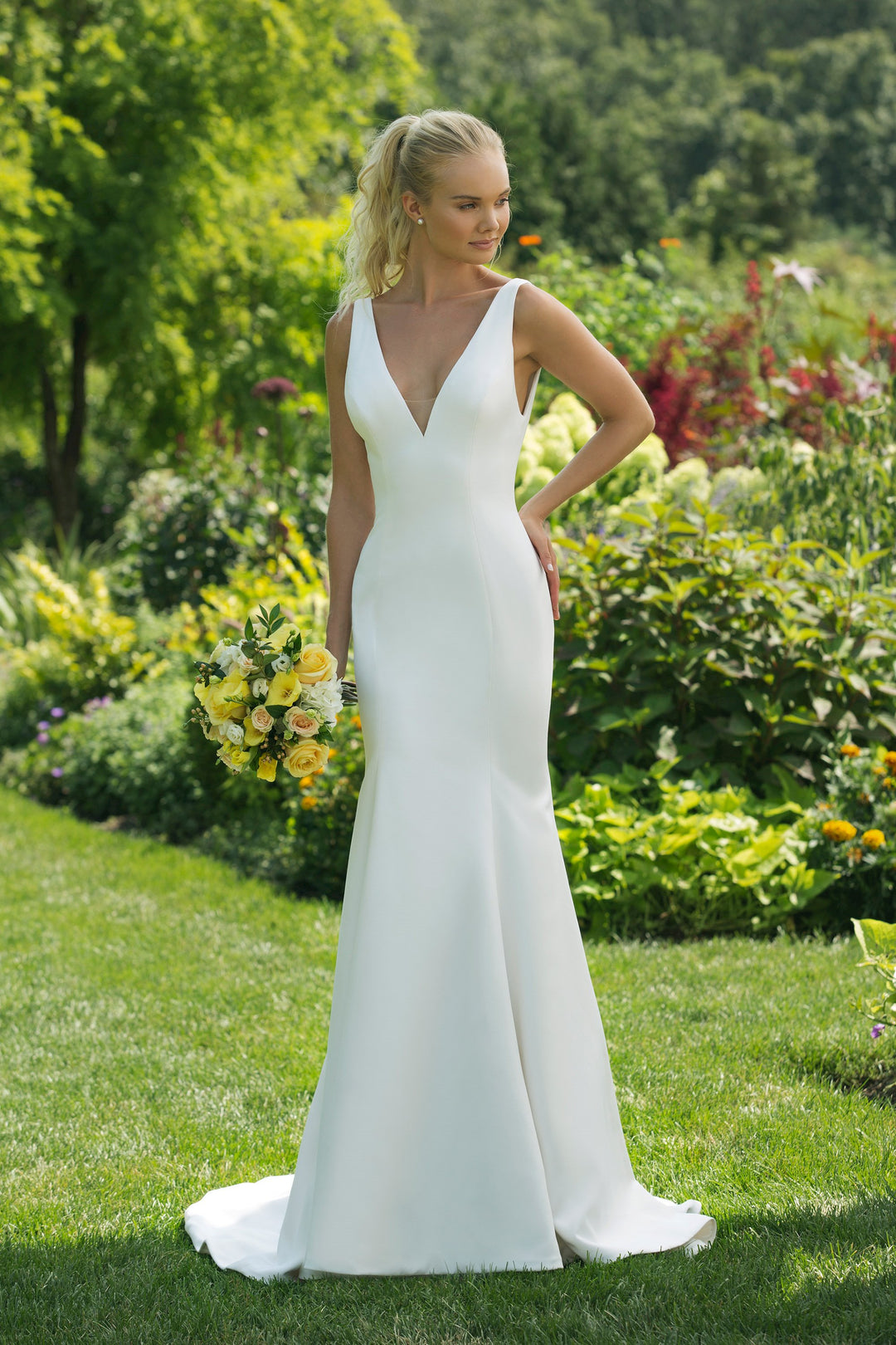 Crepe Fit-to-Flare Gown with Lace Bodice by Justin Alexander Style