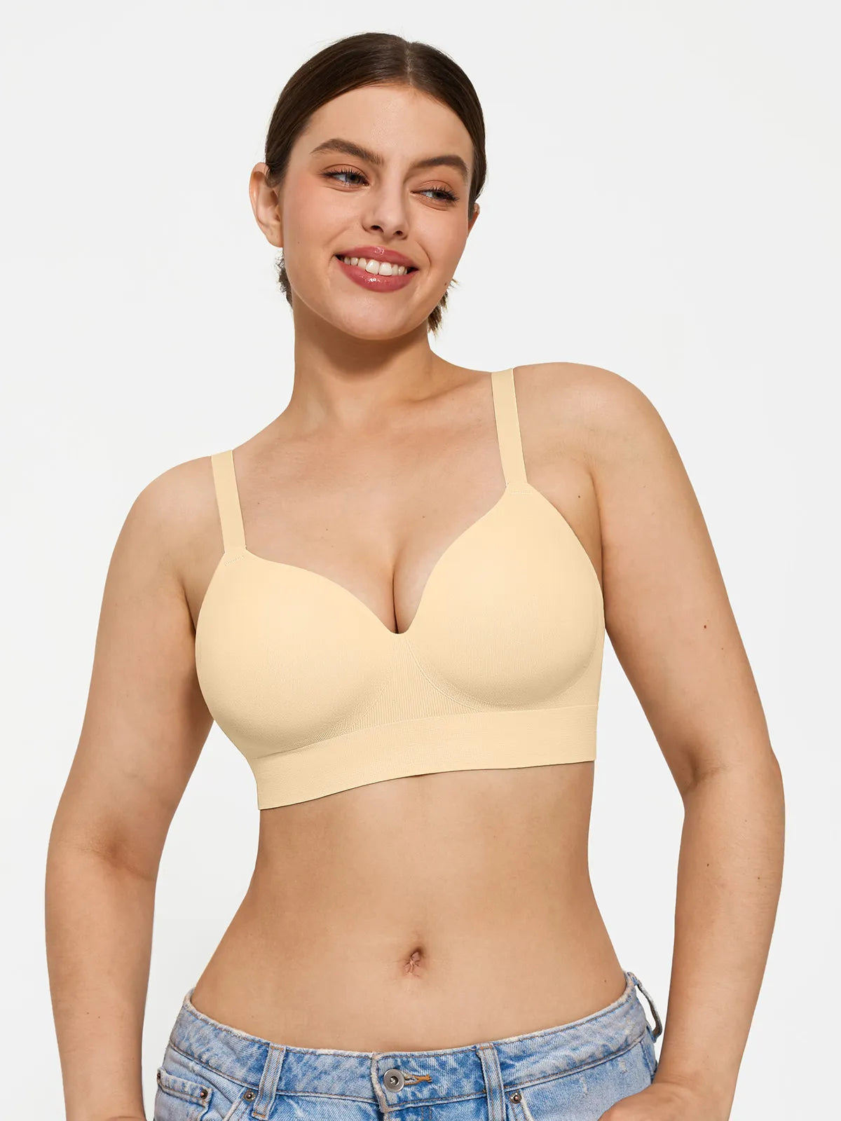 Wireless Seamless Push-Up V-Neck Bra - Beige / M