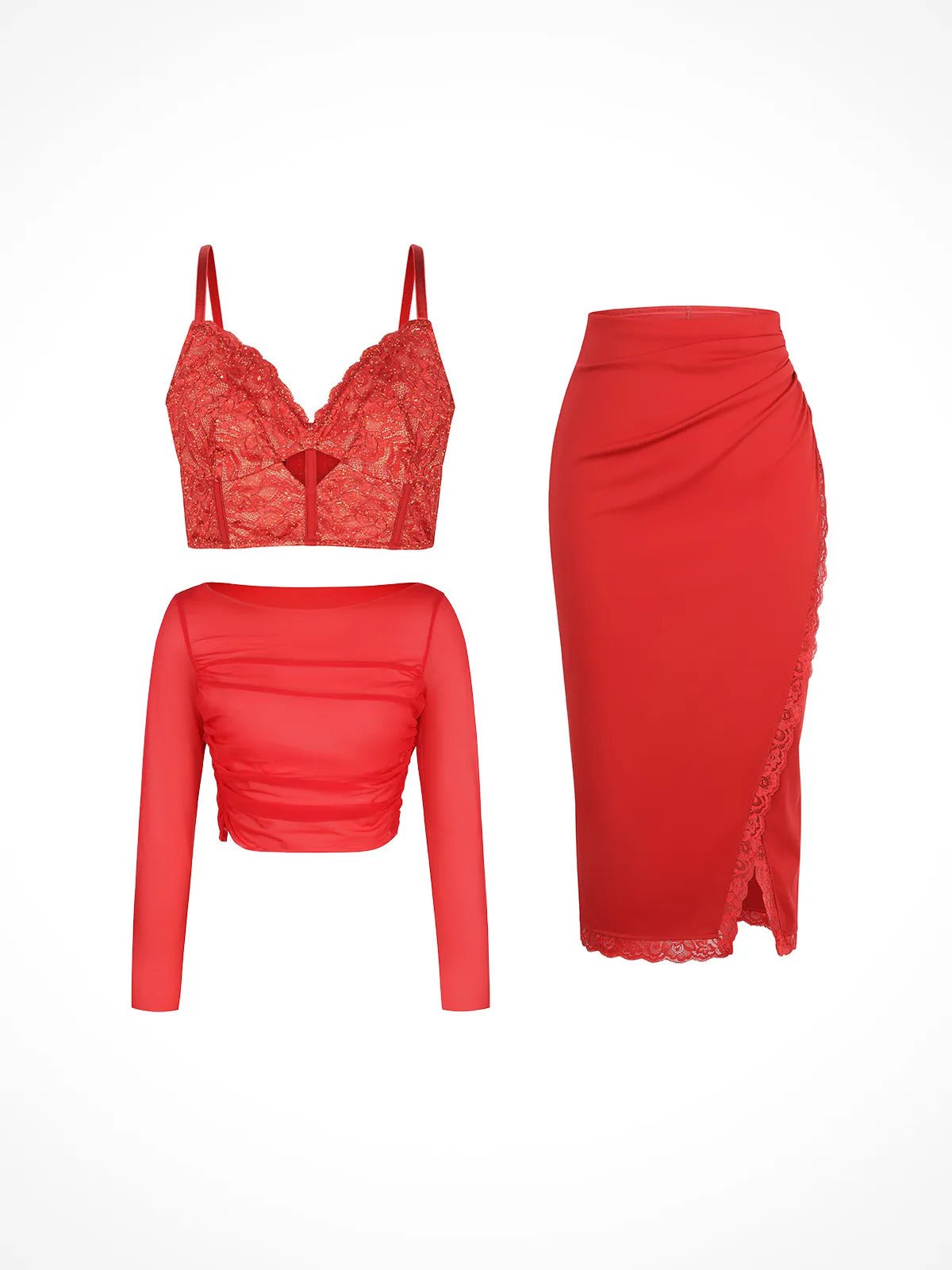 Shapewear Lace Corset Top Split Skirt Mesh Cover-Up Set - Set / Red / S