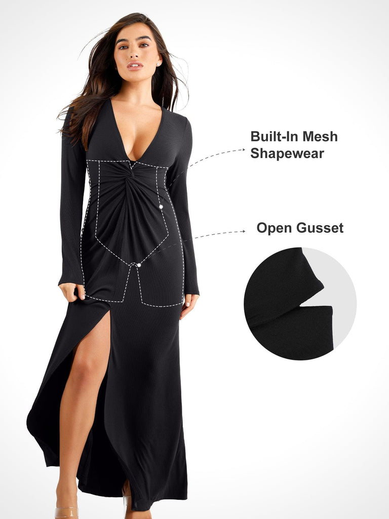Built-In Shapewear Long Sleeve Cut-Out Back Shine Maxi Dress