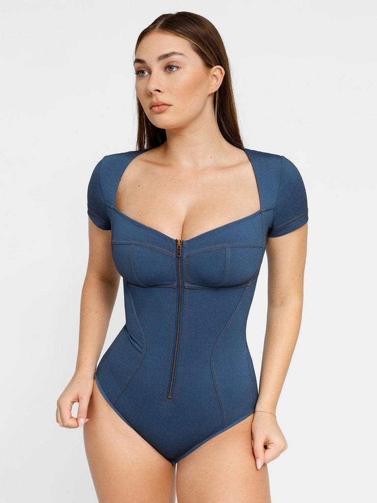 Thong Bodysuit for Women Tummy Control Tank Tops Sexy V Neck Mesh Puff  Short Sleeve Bodysuits Jumpsuit Panties T Shirt (Color : Blue, Size :  Large) : : Clothing, Shoes & Accessories