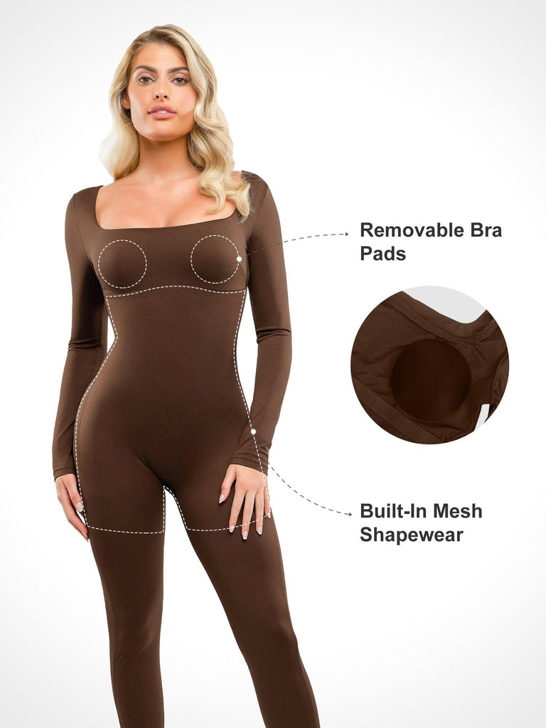 Square Neck Wide-Leg Long Sleeve Shapewear Jumpsuit