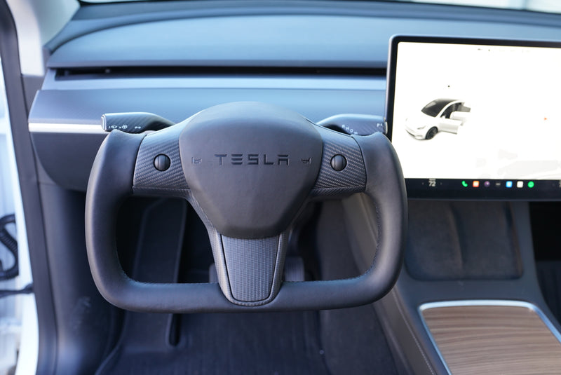 Tesla Model Y Black Leather Dry Carbon Plaid Style Yoke Steering Wheel