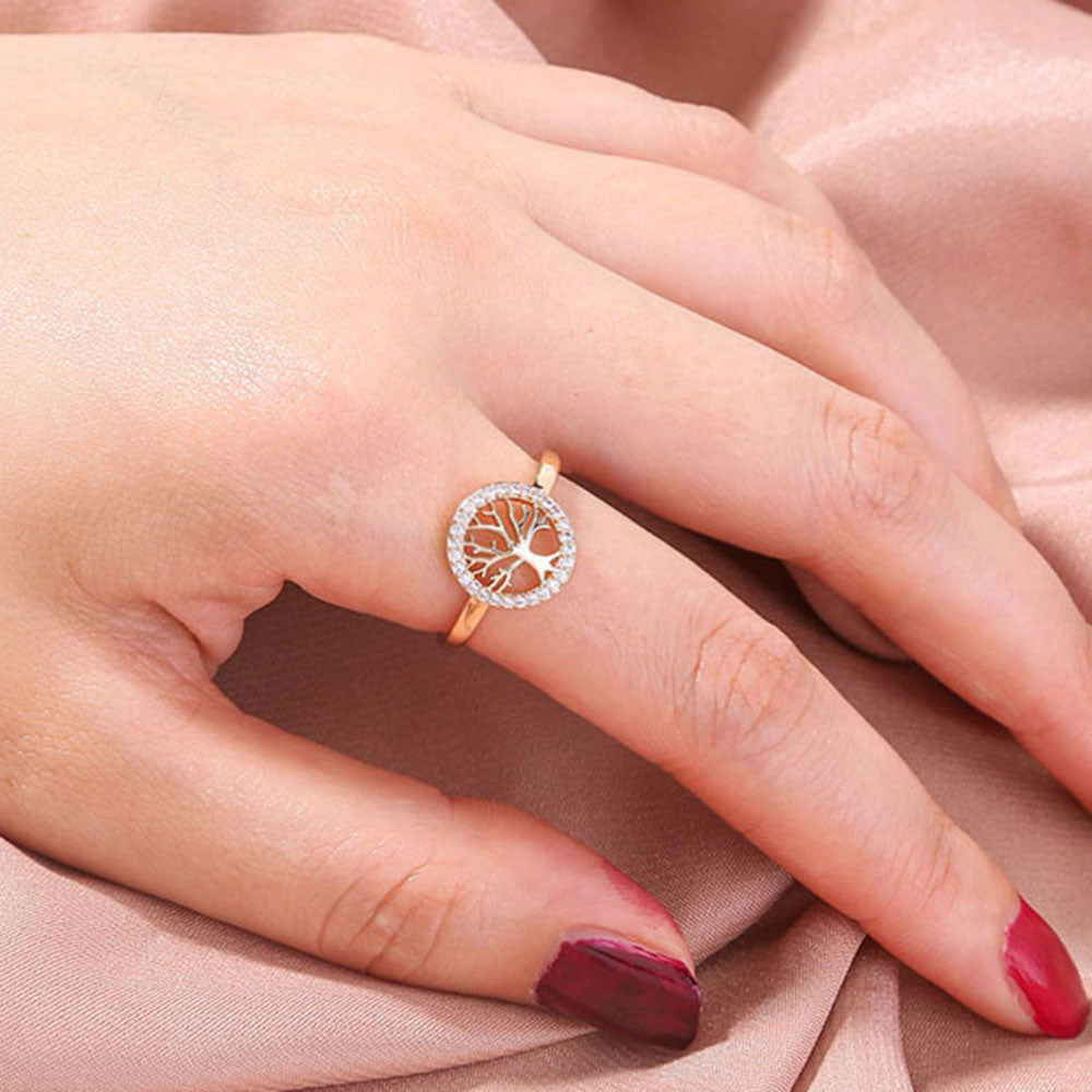 Round tree of life with Bright Zircon Open adjustable ring