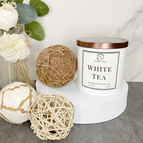 ScentWick Candles White Tea handmade say candle in white glass jar