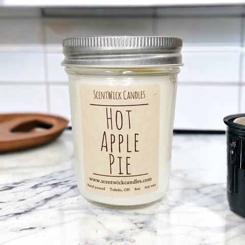 ScentWick Candle hot apple pie handmade soy candle on a kitchen counter