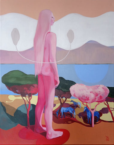 magischer Realismus magical realism abstract painting abstraktes Bild Pferde Pinienbäume Portrait rosa blau pink gelb ocker terracotta grün rot