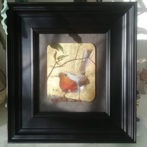 'Little Robin' oil painting on gold leaf by Cindy Sangen