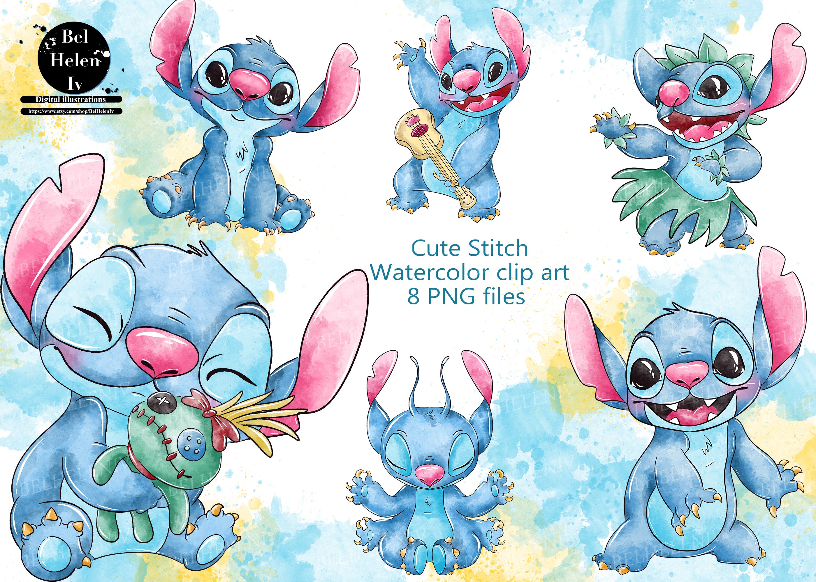 Cute Stitch. Watercolor Clipart For Printing In High Resolution. 8 Png –  Belhelen