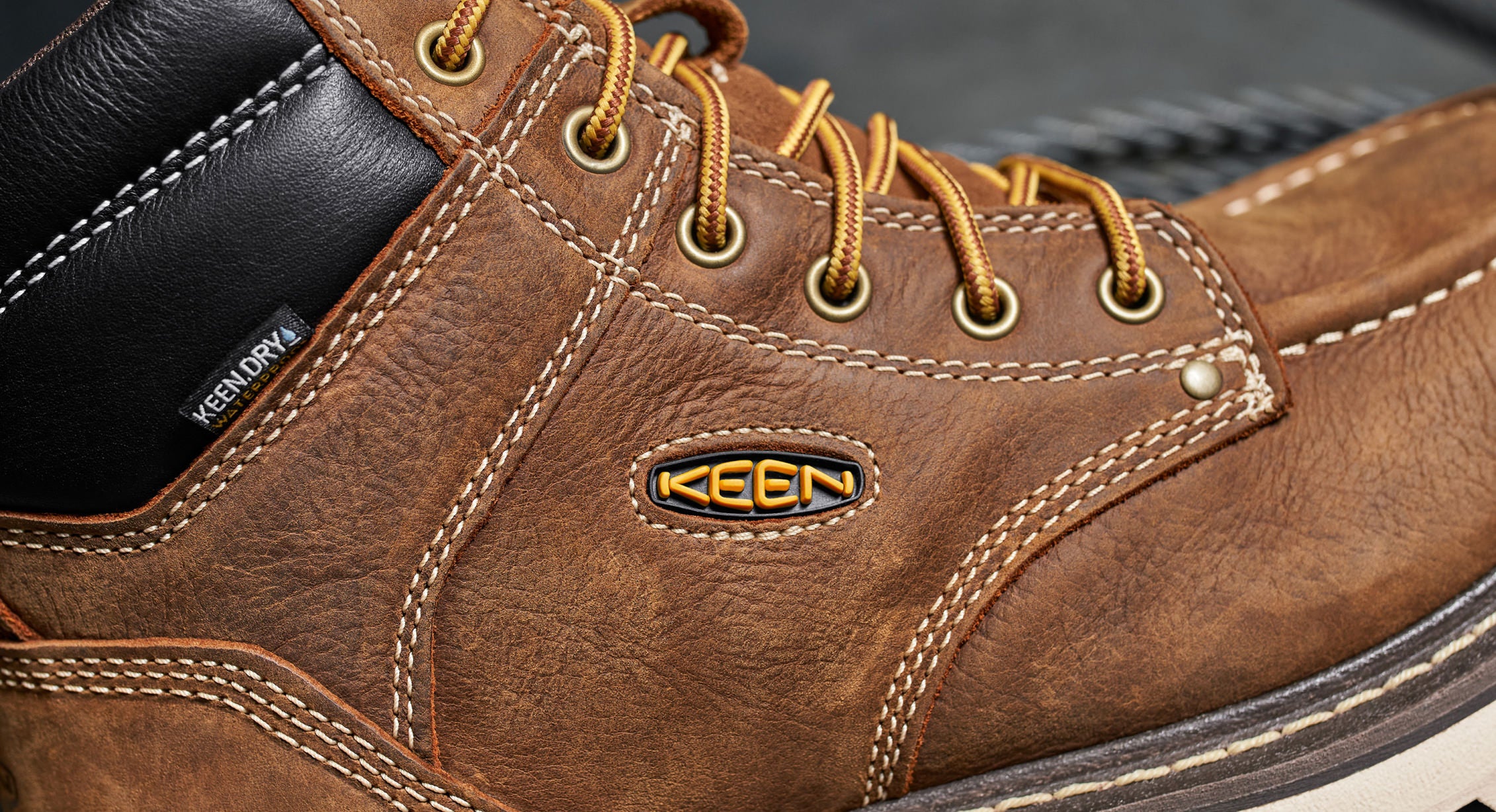 Closeup of leather upper on KEEN welted work boot