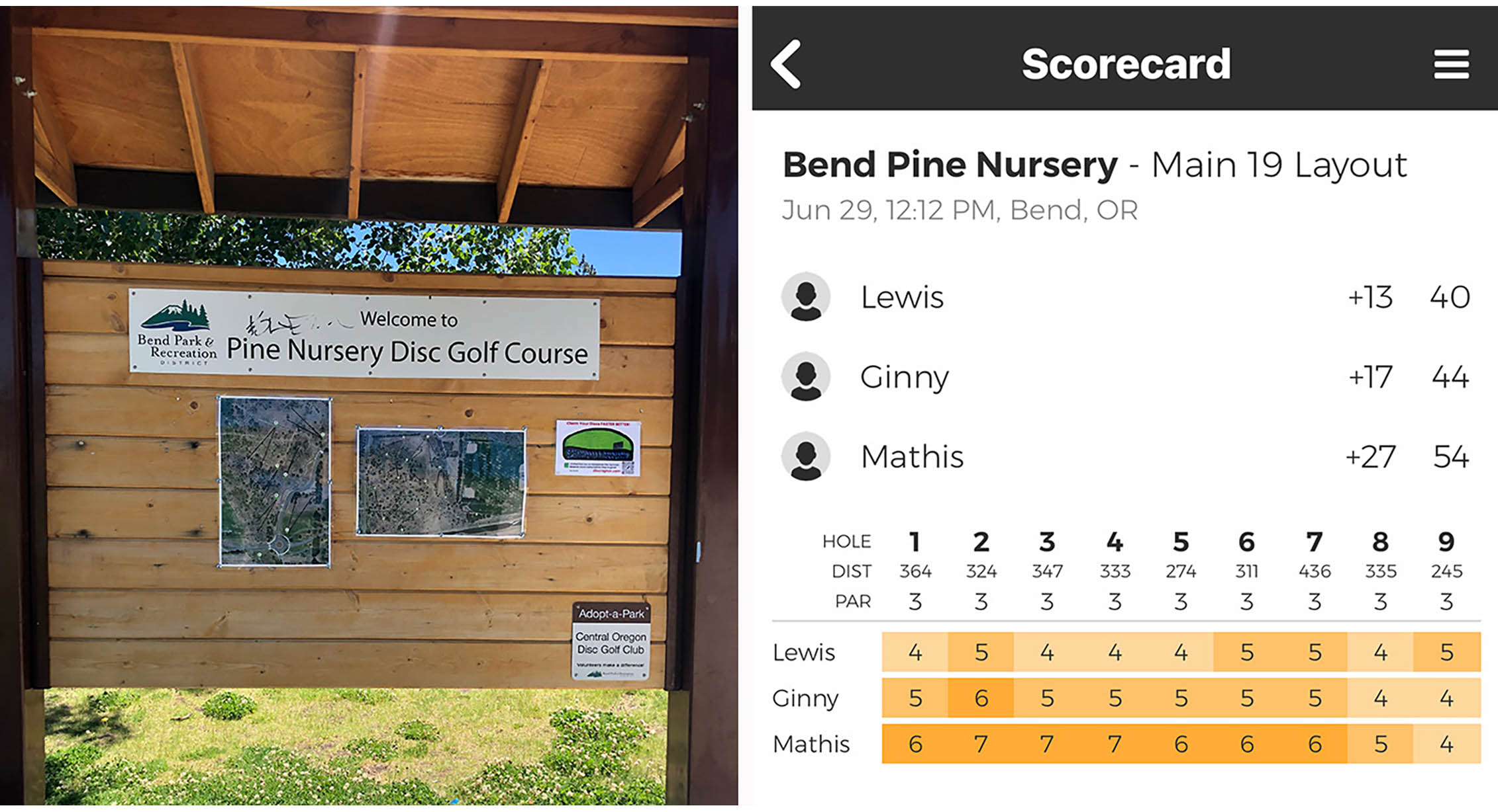 scorecard and sign at Pine Nursery Disc Golf Course
