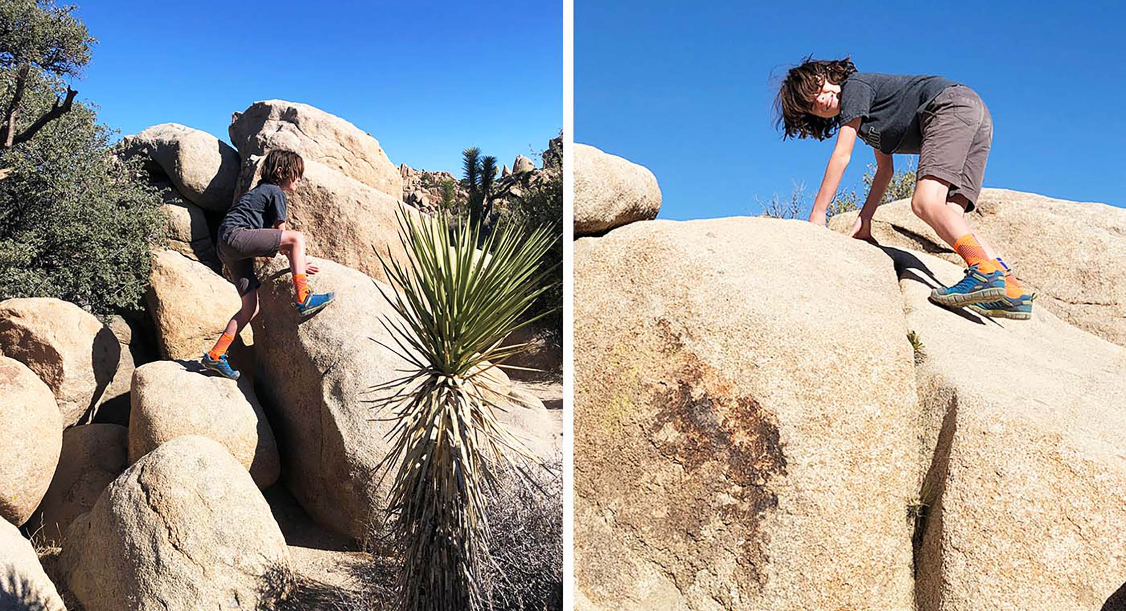 Kids scrambling on rocks in Joshua Tree National Park