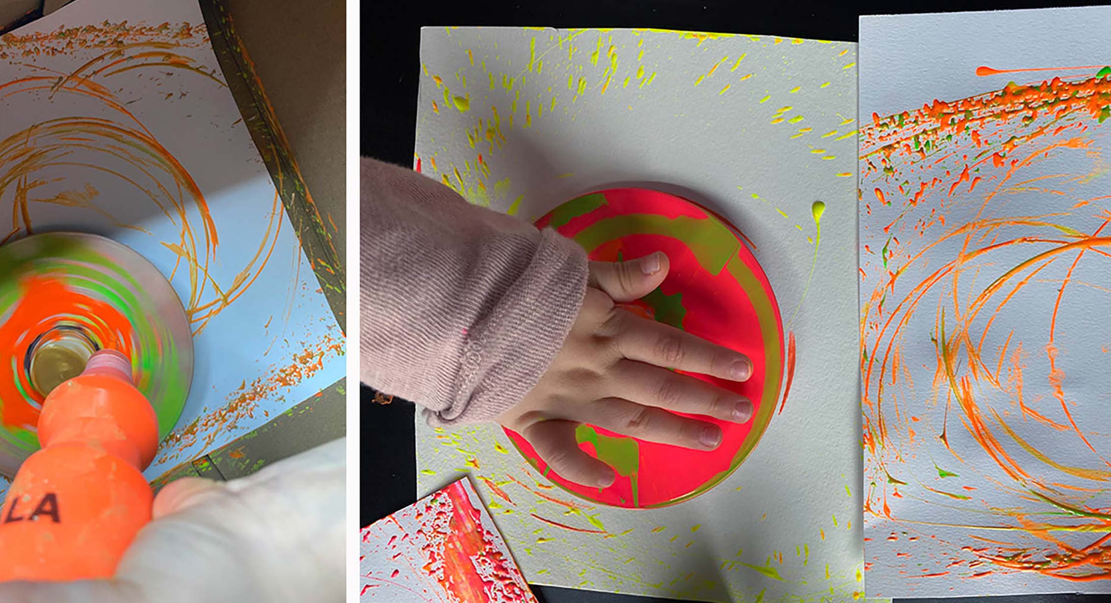 A child making spin art with repurposed objects