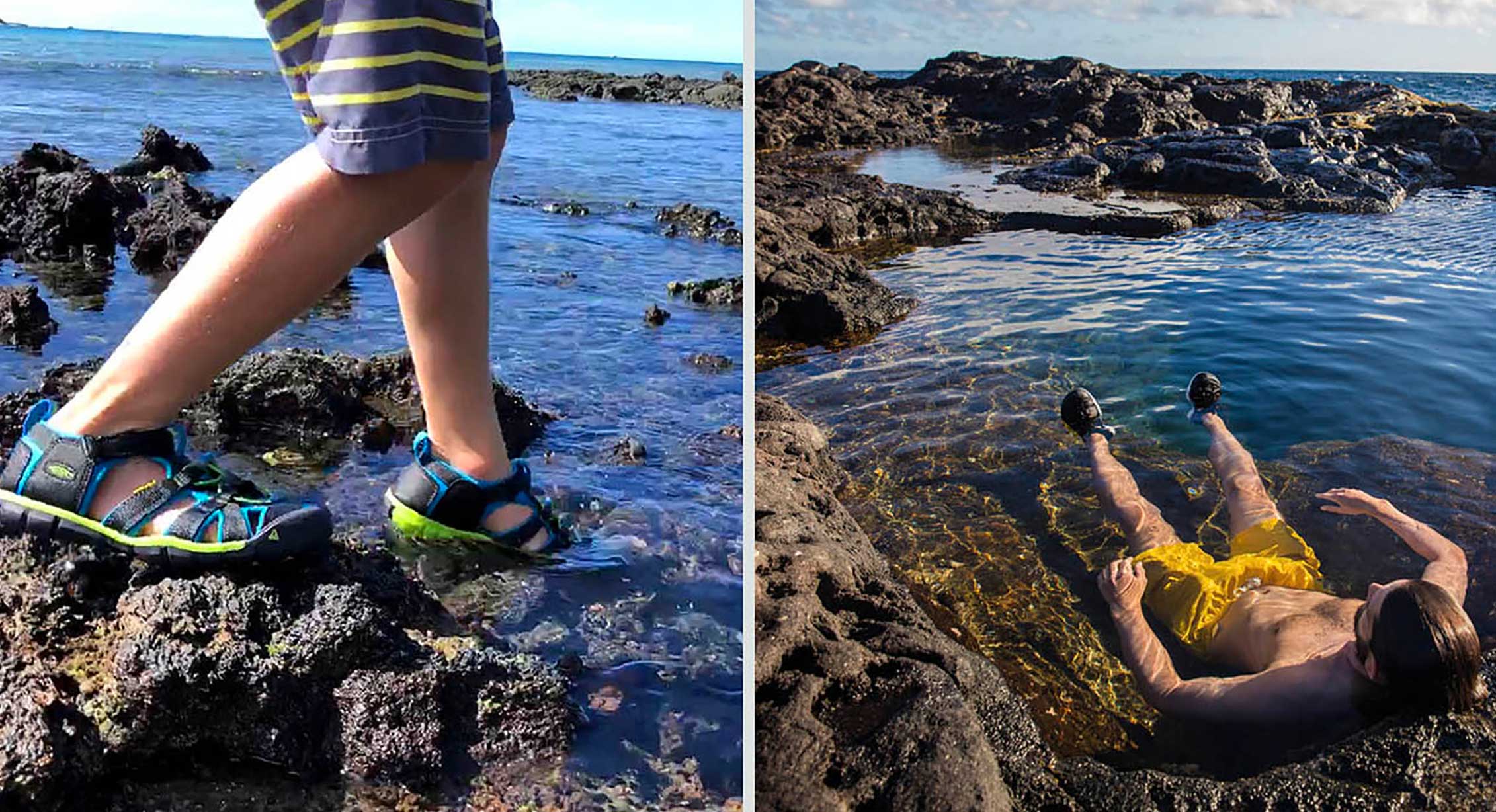 Navigating rocky beaches in Hawaii in KEEN water sandals