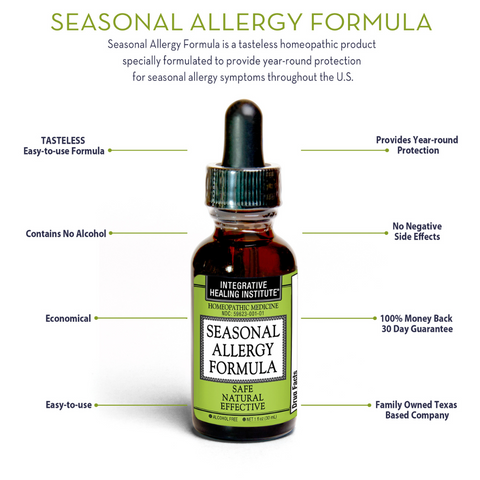 Seasonal Allergy Formula is a tasteless, alcohol-free, homeopathic product specially formulated for grasses, weeds, trees and dust.