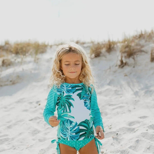 Kids Long Sleeve Moss Stripe & Floral Rash Guard Swimsuit