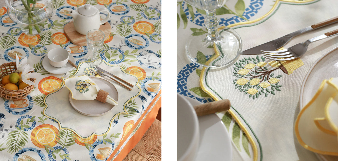 Inspired by the impressive Tuscany beauties and lemon trees, the new lemon tree embroidered placemats and napkins will bring elegance to your tables