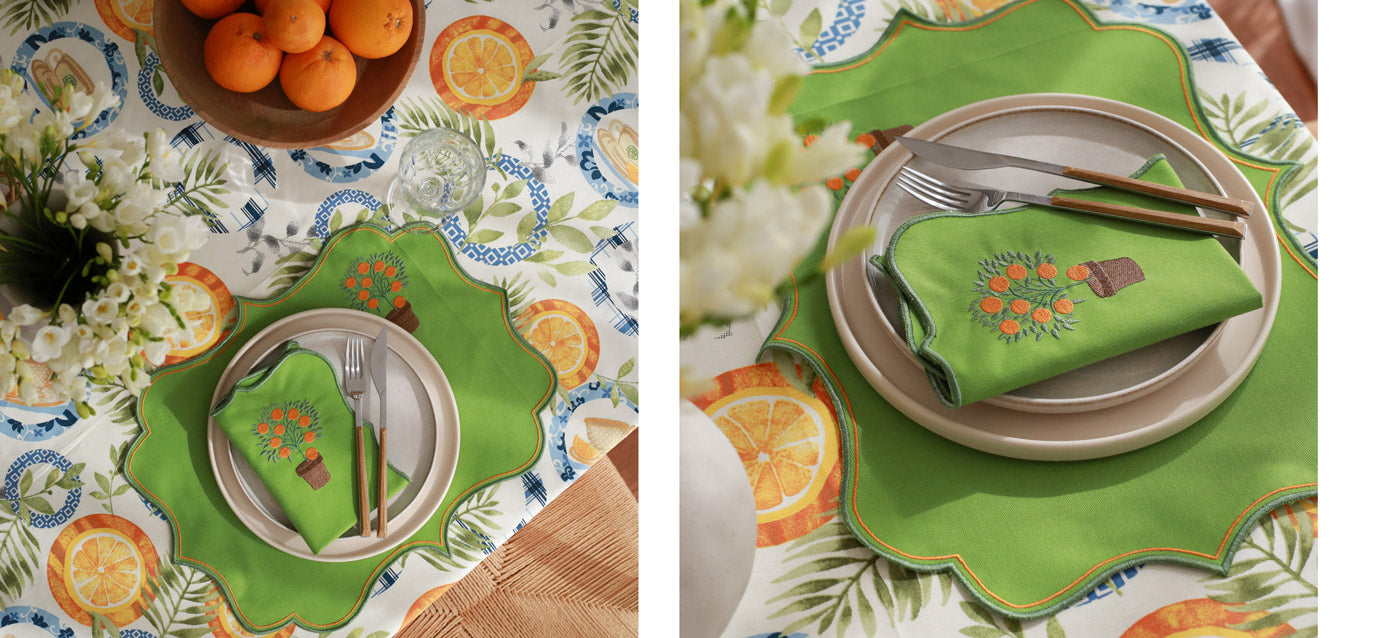 Inspired by Sicilian orange trees, here are the new orange tree embroidered green placemats and napkins by the new Bloom collection by KM Home
