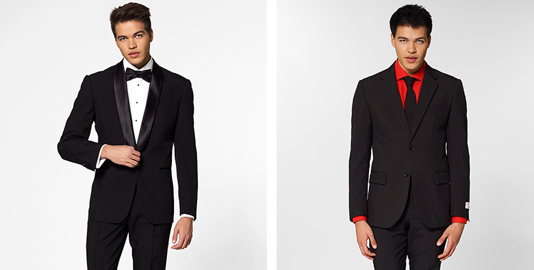 On the left image, man wearing black tuxedo and on the right images, man wearing black suit with red dress shirt