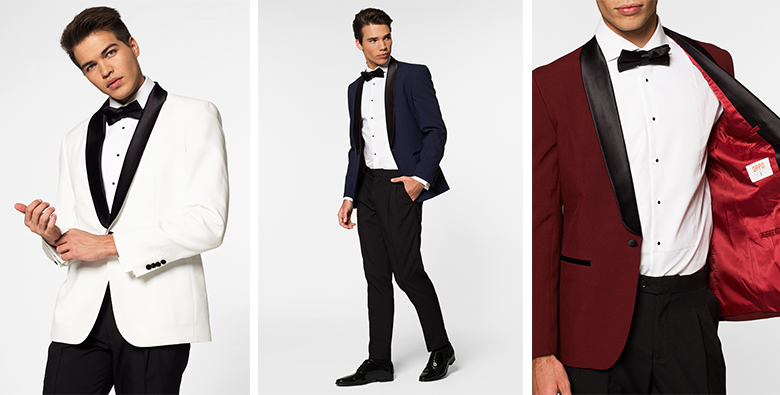 Three images of men wearing tuxedos, one wearing a white and black tuxedo, one wearing a blue and black tuxedo and the third wearing a burgundy red and black tuxedo