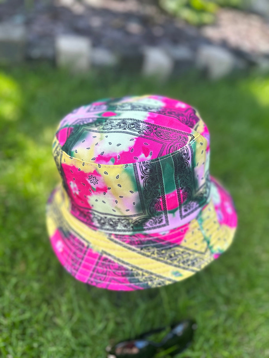 Yellow Pink and Green Tie Dye Reversible Bucket Hat with Black Paisley ...