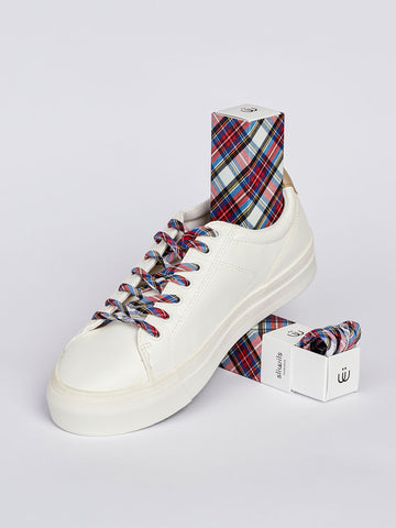 White sneaker with tartan print laces