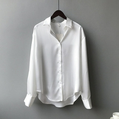 Fashion Satin Silk Shirt Vintage Blouse Women Shirt & Top kellju L White 