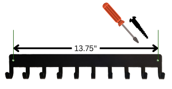 Image shows a 14.5 inch hanger with holes spaces at 13.75 inches; a Philips screwdriver and a screw