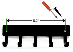 Image shows a 6 inch key hanger with holes spaces at 5.2 inches; a philips screwdriver and a screw