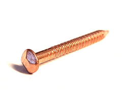 Copper nail with threaded shank and rosehead