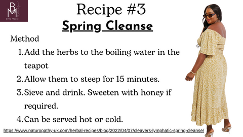 How to refresh with food not just fashion this spring time with bella modal online store for plus size women. Picture giving a healthy, easy and quick sring cleanse recipe using cleavers (galium aparine). This recipe which is called Spring Cleanse was taking from CNM (college of naturopathic nutrition) and can be used as your transition into spring 2024 to boost your overall health.  Picture also showing a beautiful Floral Square Neck Smocked Midi Dress. Highlighting the lightness you will feel after the cleanse.