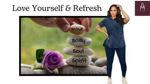 How to refresh with food not just fashion this spring time with bella modal online store for plus size women. Picture encouraing women, the bella queens to Love themselves and Refresh their bodies, minds, souls and spirits because they are interconnected. The picture also shows a beautiful Printed Round Neck Shirt and Leisure Plus Size Pants Set for women that should be worn this spring 2024