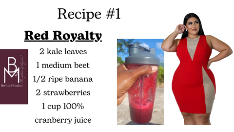 How to refresh with food not just fashion this spring time with bella modal online store for plus size women. Picture giving a healthy, easy and quick recipe using beets, kale and strawberries along with other fruits. This recipe which is called red Royalty can be incorporated into your diet this spring 2024 to boost your overall health.  Picture also showing a beautiful sleeveless red and gold dress.