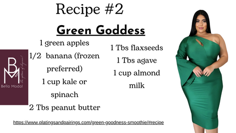 How to refresh with food not just fashion this spring time with bella modal online store for plus size women. Picture giving a healthy, easy and quick smoothie recipe using green leafy veggetables. This recipe which is called green goddess can be incorporated into your diet this spring 2024 to boost your overall health.  Picture also showing a beautiful elegant green one shoulder dress..