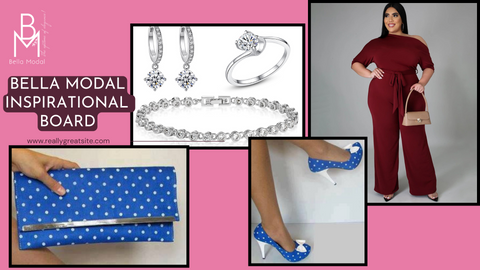 inspiration board showing trending colour for 2024 spring and summer rooibos tea (which is a red) jumpsuit with matching blue and white shoes and bag. along with stunning swarovski tennis bracelet and huggies earrings crossover ring set|Bella Modal