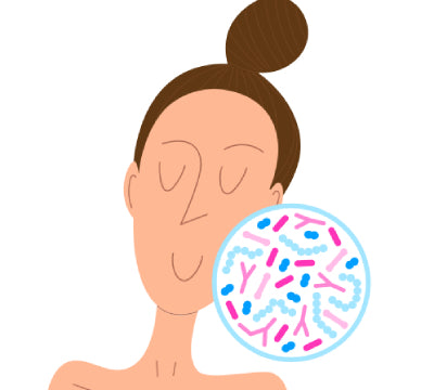 Happy lady with a zoomed in bubble of her skin microbiome. LightWater Skincare is microbiome-friendly.