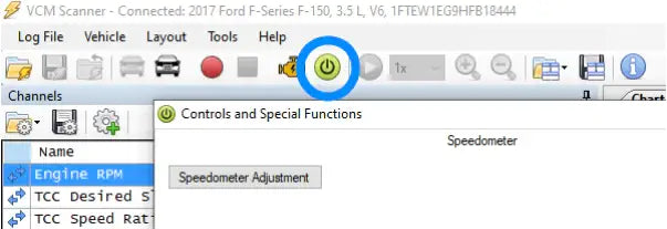 VCM scanner Speedo Adjustment Screen