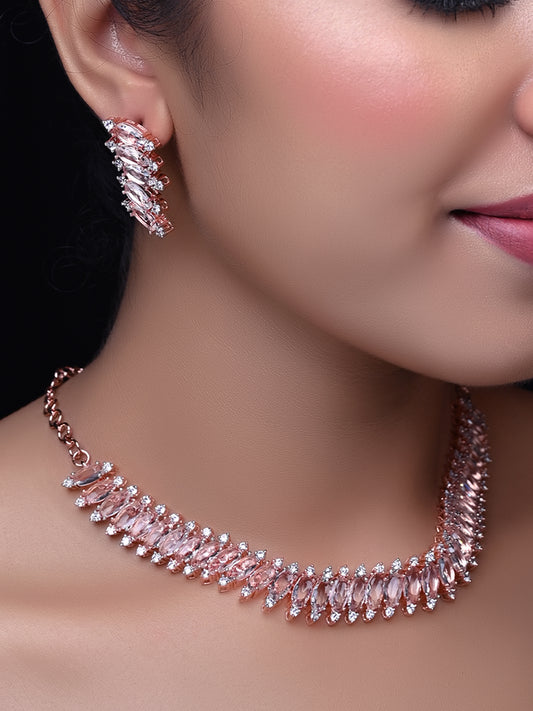 Rose Gold American Diamond Necklace Set Pink CZ Diamond 