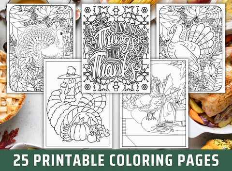 Thanksgiving Coloring Pages, Party Activity, Fall Coloring, Printable Thanksgiving Coloring Book/Placemat for Kids Boys & Girls Teens Adults