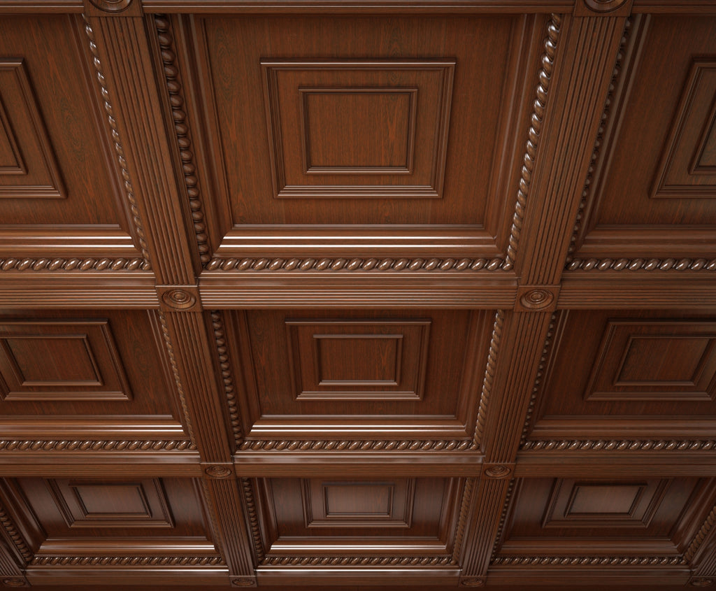 Coffered ceiling with concentric squares in a wood tone.