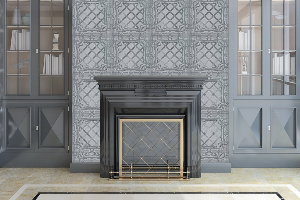 Gray tin tiles on the wall behind a fireplace with black mantel.